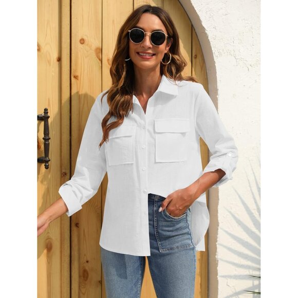 Women's Cotton Linen Button Down Shirt V Neck Long Sleeve Casual Loose Top - Picture 2 of 9